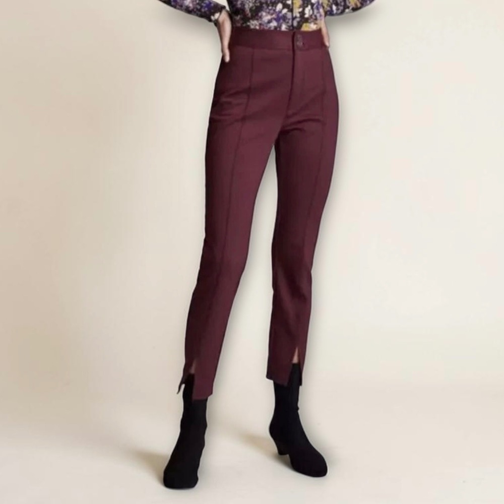 Anthropologie Maeve Maroon Plum High Rise Textured Seamed Pants Front Slit Sz 18